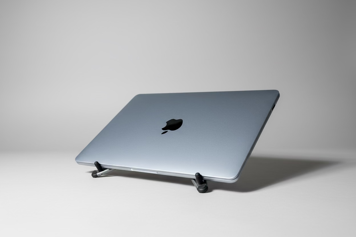 Laptop on a wooden stand with a plant in the background